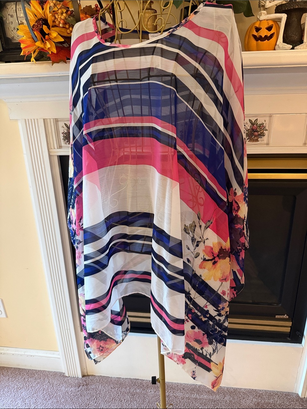 New York & Company Striped Floral Tunic kimono - Pink, Blue, White